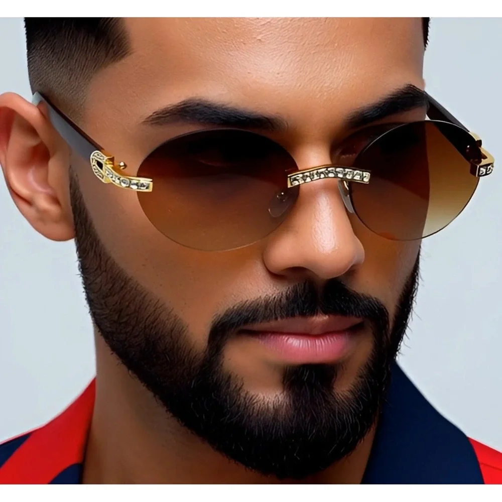 Rimless Sunglasses Oval Lens Wood Grain Frame Rhinestone Accents‎ Men Gafas 2026